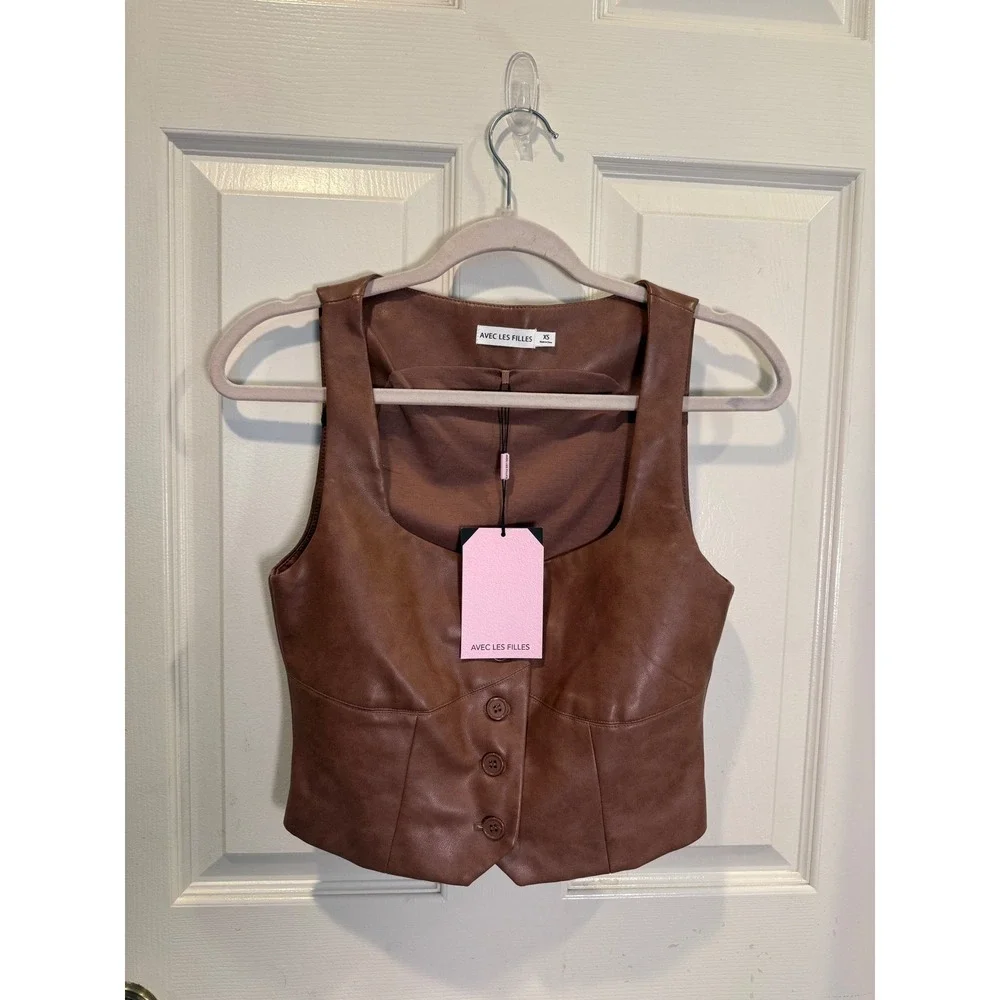 Avec Les Filles Brown Faux Leather Square Neck Button Front Cropped Vest Size XS